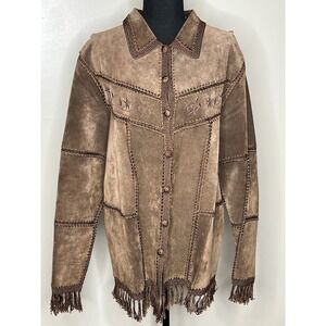 Vintage Dressbarn Women's Brown Leather Western Fringe Jacket Size Large